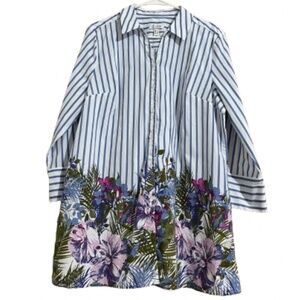 d&co. Women’s Blue & White Stripe with Multi Floral Print Tunic Top Sz-L